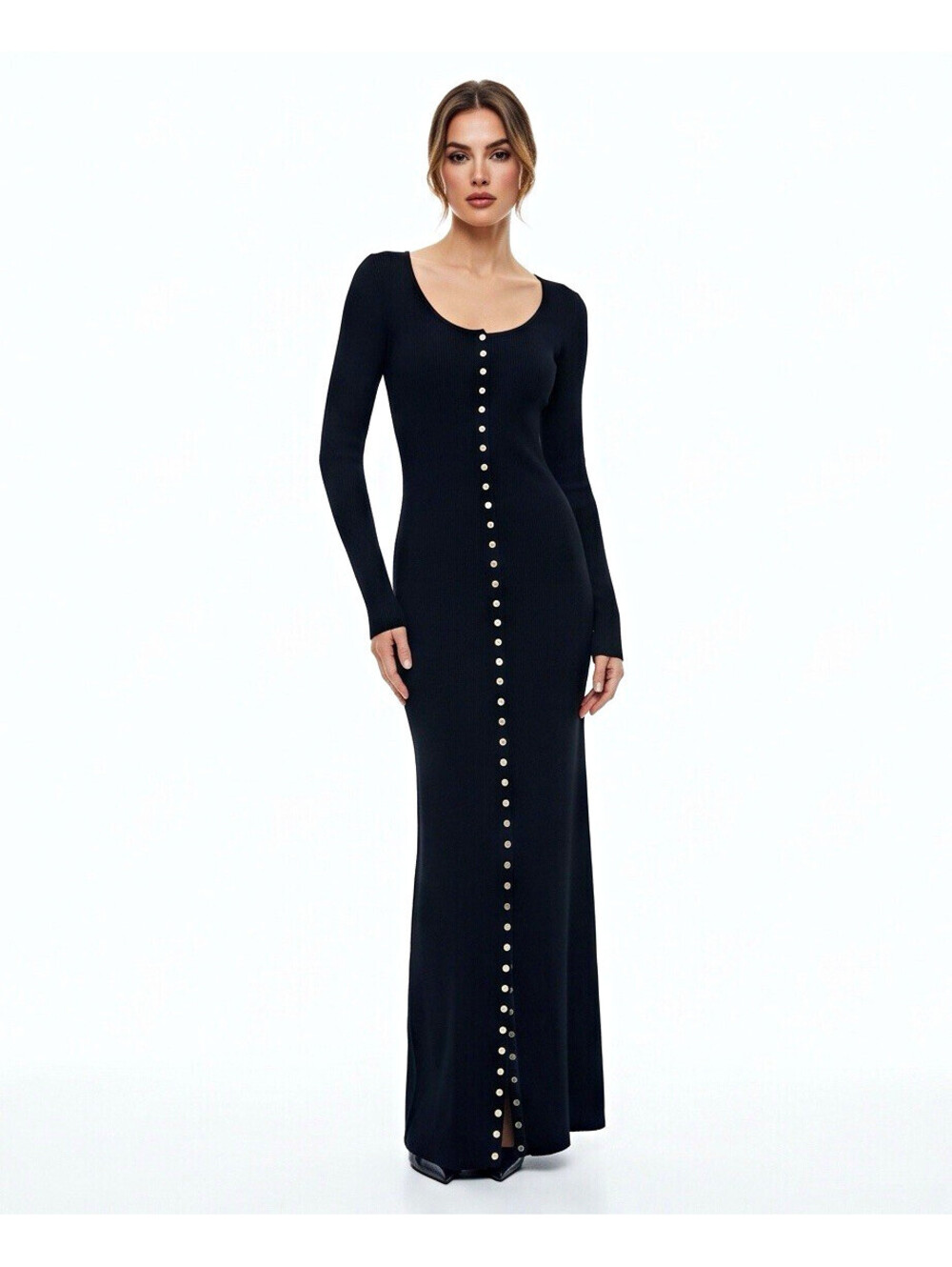 ZARA Knit Women’s S Black Long Sleeve Maxi Dress Silver Snap Buttons NWT